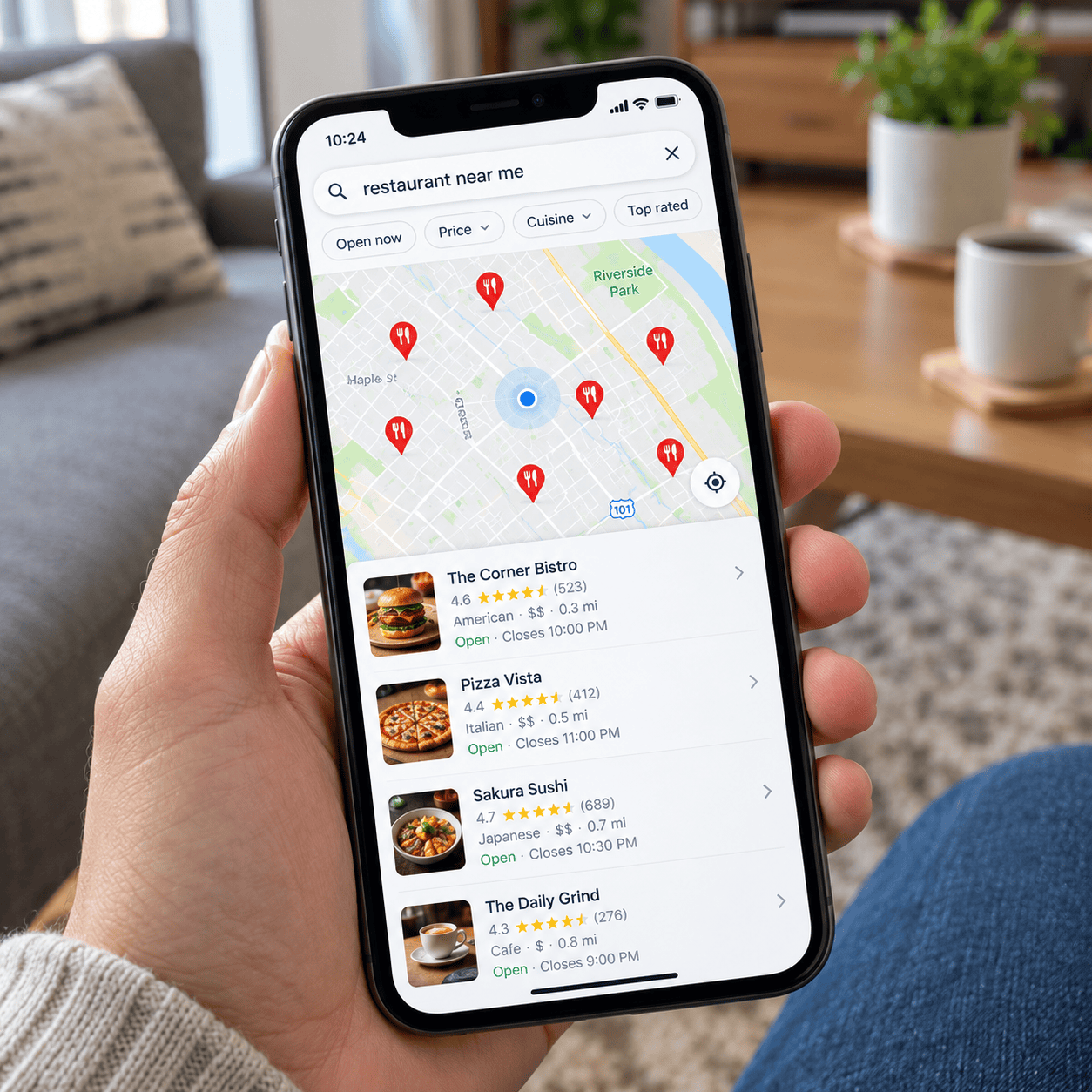 Hand holding a smartphone displaying a map and nearby restaurant listings in a “restaurant near me”