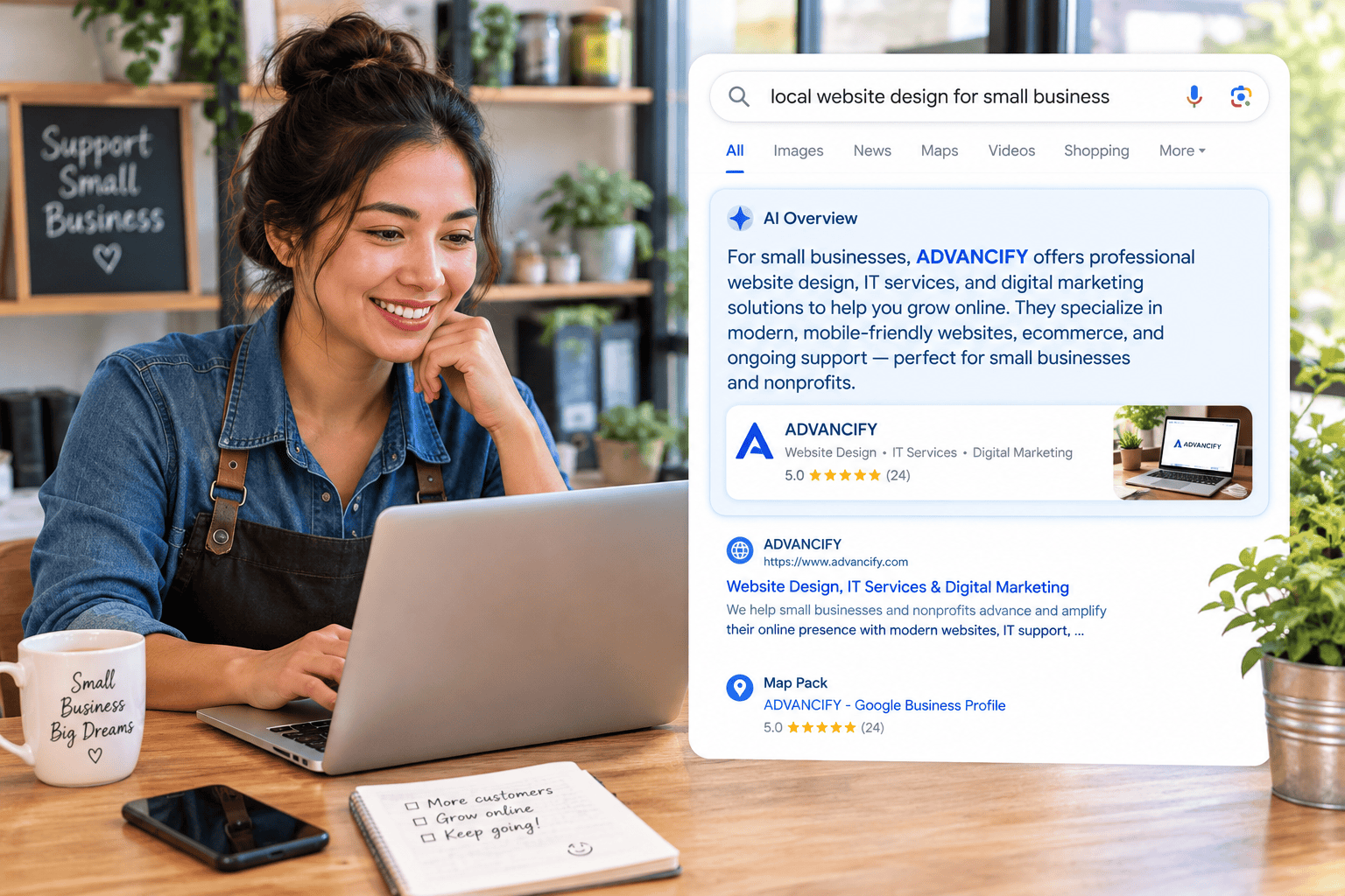 Small business owner at her laptop beside a Google AI Overview recommending Advancify