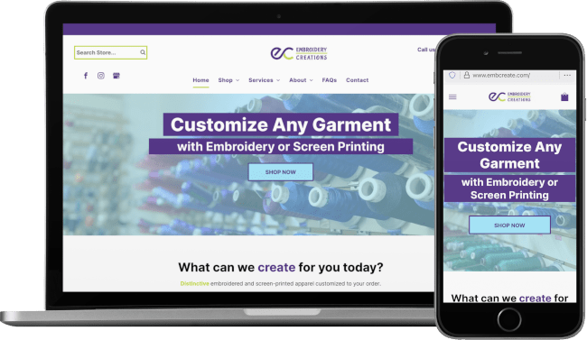 A laptop and a cell phone are displaying a screenshots of Embroidery Creations' ecommerce store.