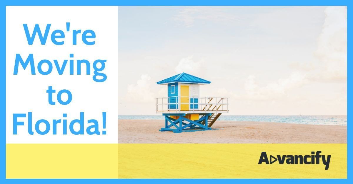 A blue and yellow lifeguard tower on a beach with the words We're moving to Florida.