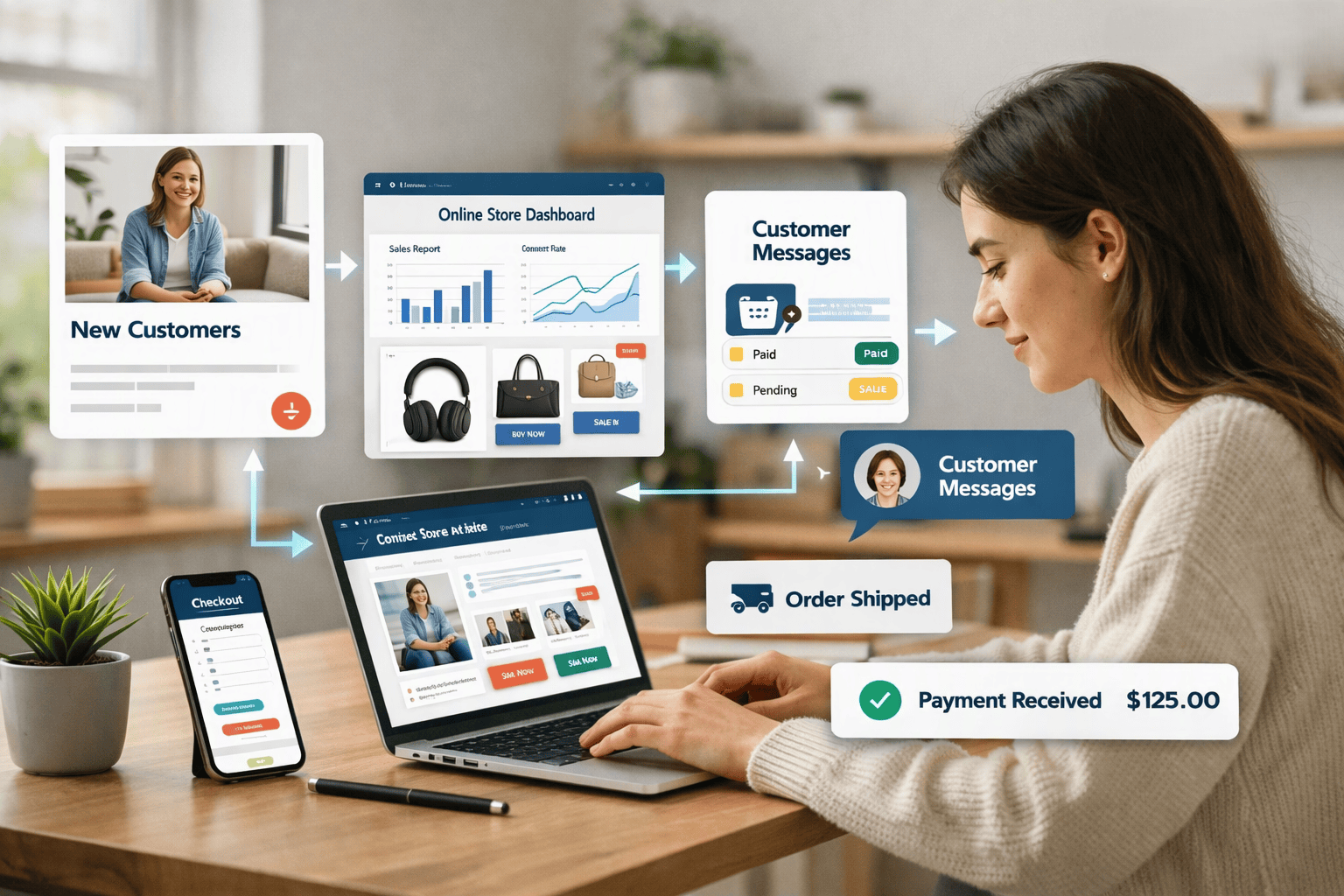 Home desk with laptop showing online store workflow.