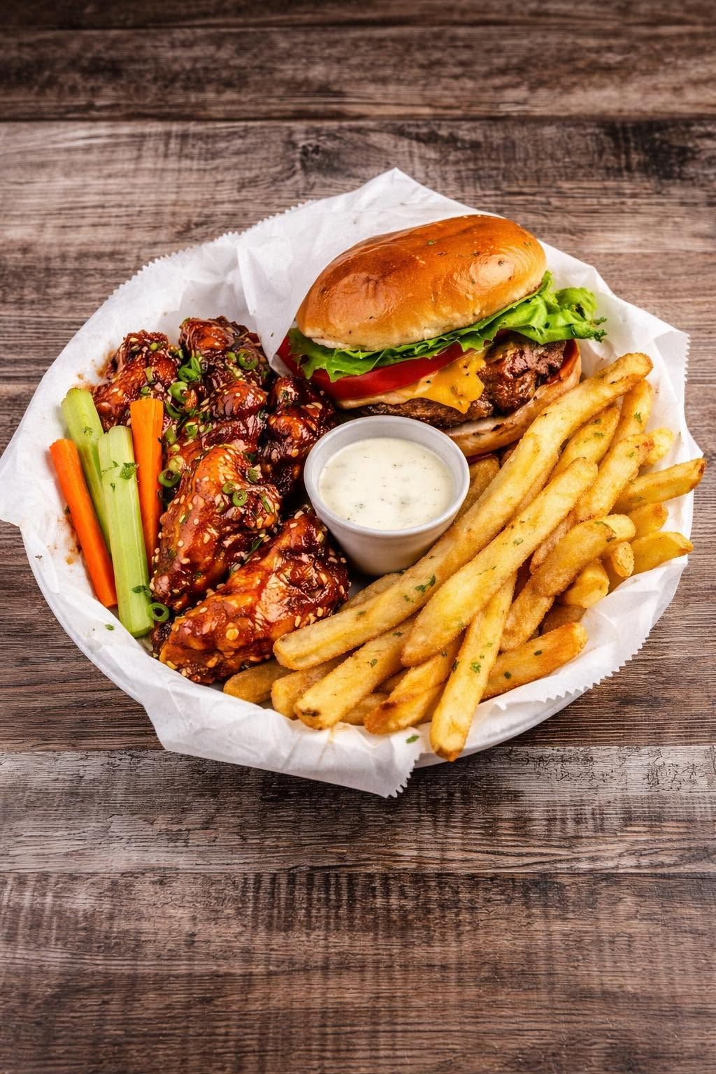 Burger with fries, glazed chicken, veggie sticks, and dipping sauce on parchment over a wooden table