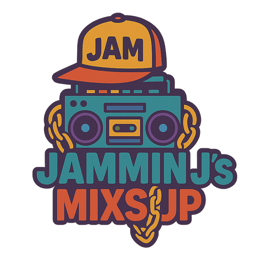 Colorful logo of a boombox with a yellow cap reading “JAM” and text “JAMMIN’ J’S MIX’UP”