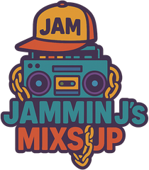 Illustrated DJ logo with orange cap reading &ldquo;JAM&rdquo; over a boombox and text &ldquo;JAMMIN&rsquo; J&rsquo;S MIXS UP&rdquo;