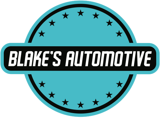 Blake's Automotive logo: Teal circle with black border, black stars, and a black rectangle with white text.