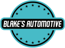 Blake's Automotive logo: Teal circle with black border, black stars, and a black rectangle with white text.