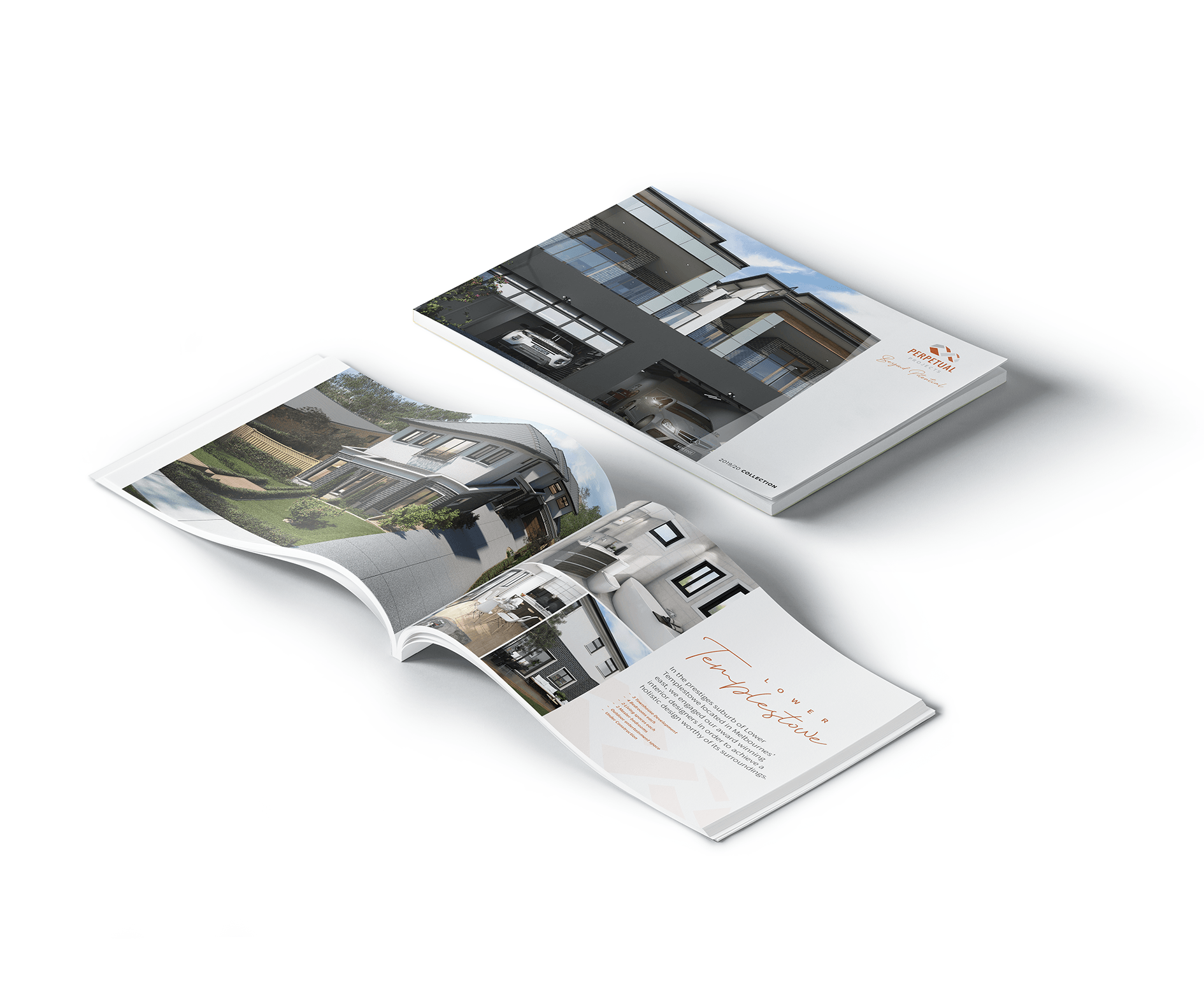 Two brochures, one open, displaying architectural photographs, on a white surface.