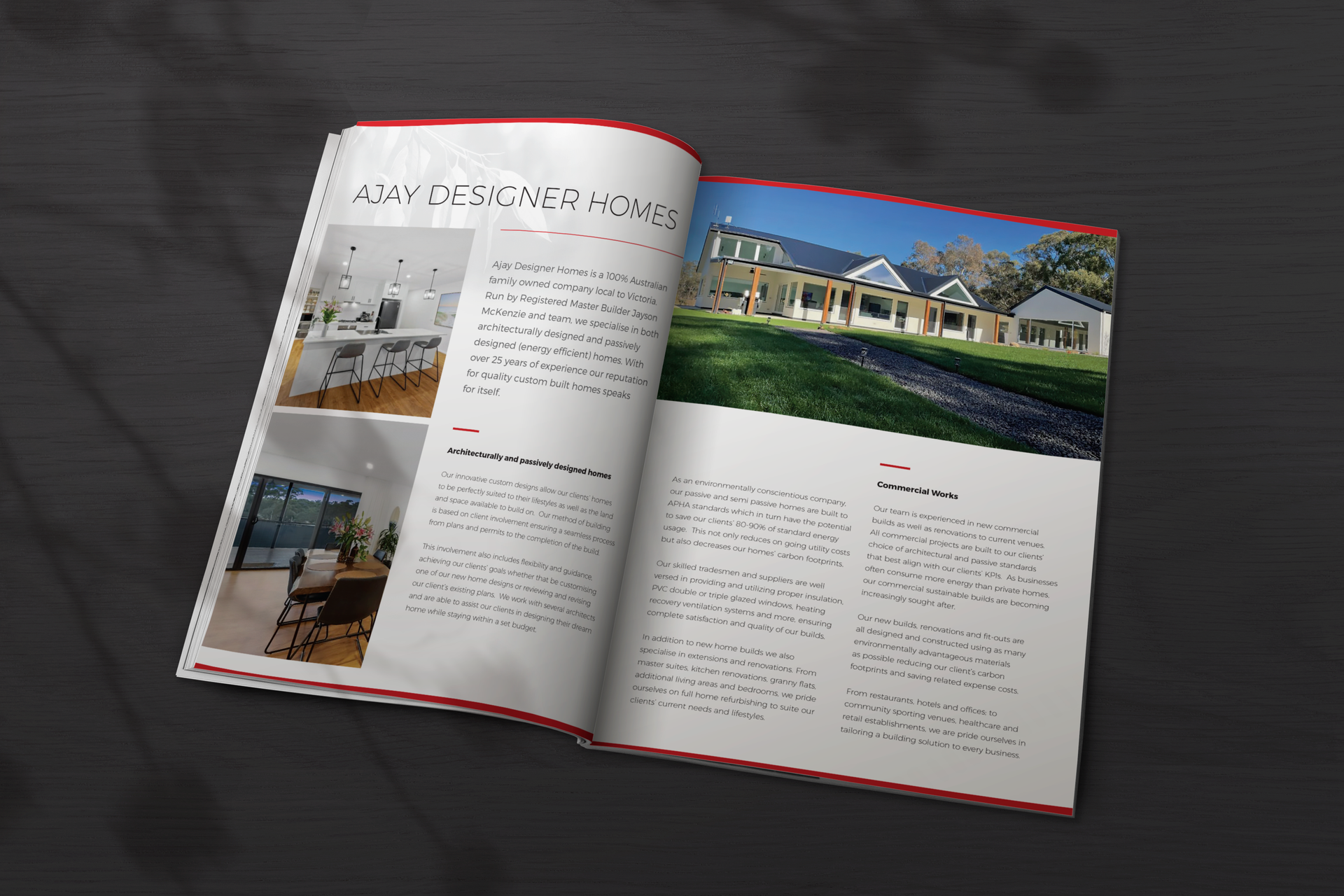 Open magazine spread with photos of a modern kitchen and a house exterior. Text and red borders.