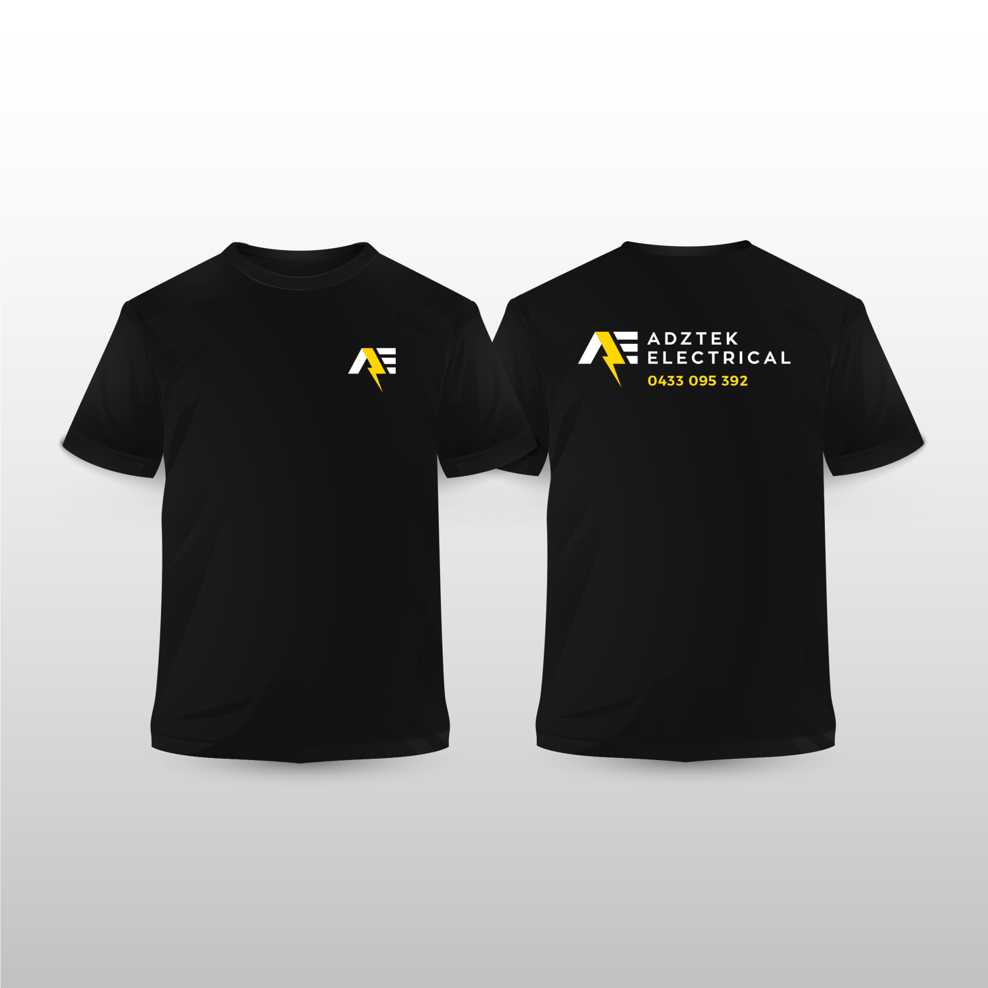 Black t-shirt with Adztek Electrical logo on front and back. Logo is yellow lightning bolt and text.