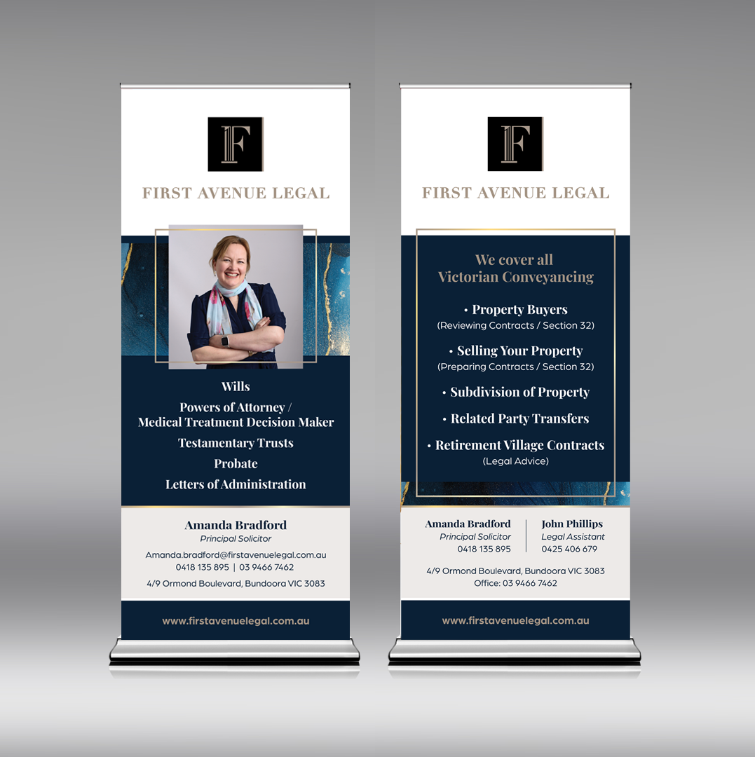 Two black-and-blue legal marketing banners with a portrait, logo, and contact details on stands