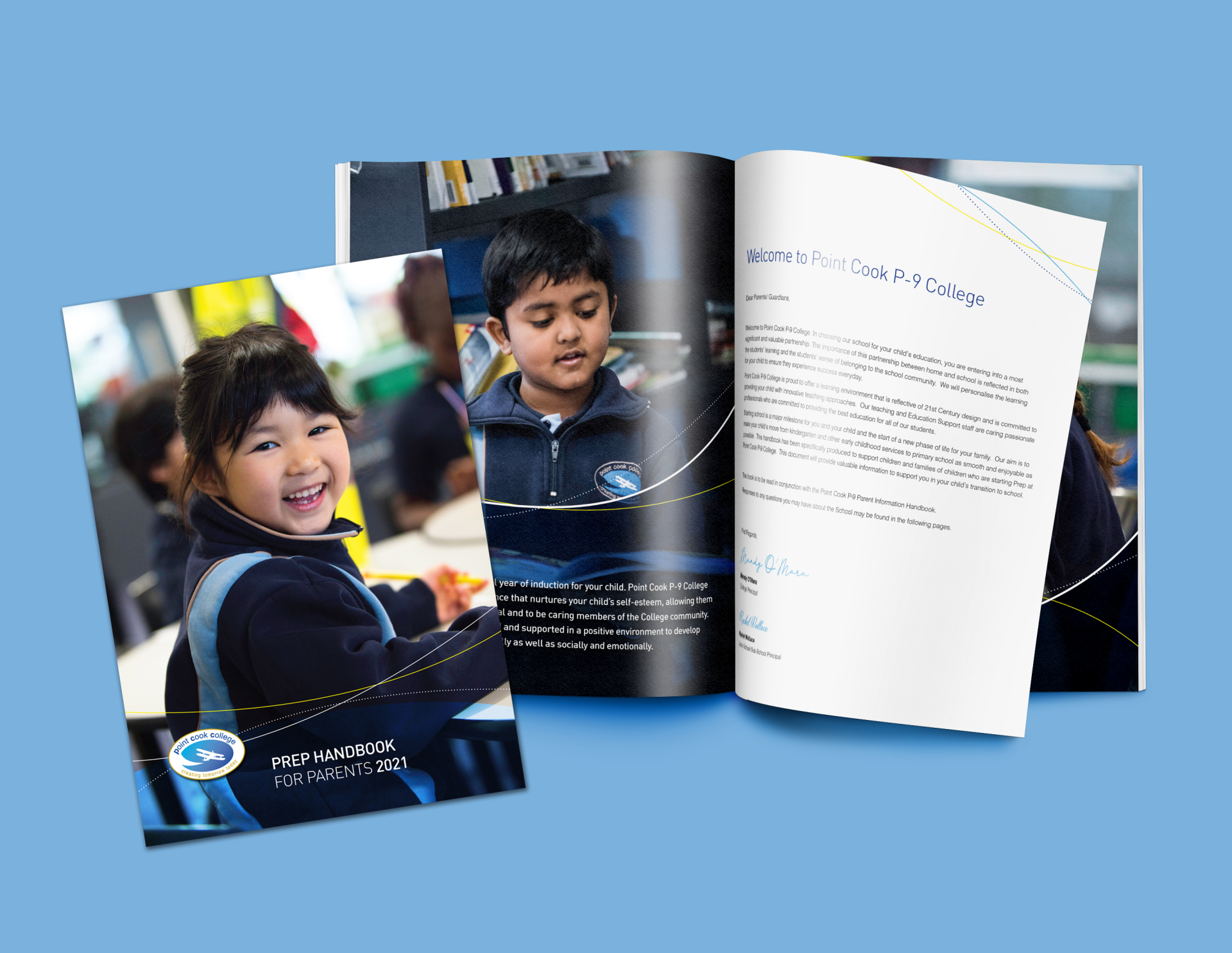 Brochure with happy student, open pages showing children studying, blue and white color scheme.
