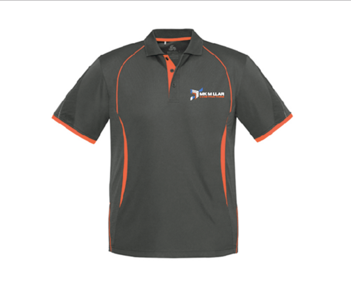 Black short-sleeve polo shirt with orange trim and logo on the chest