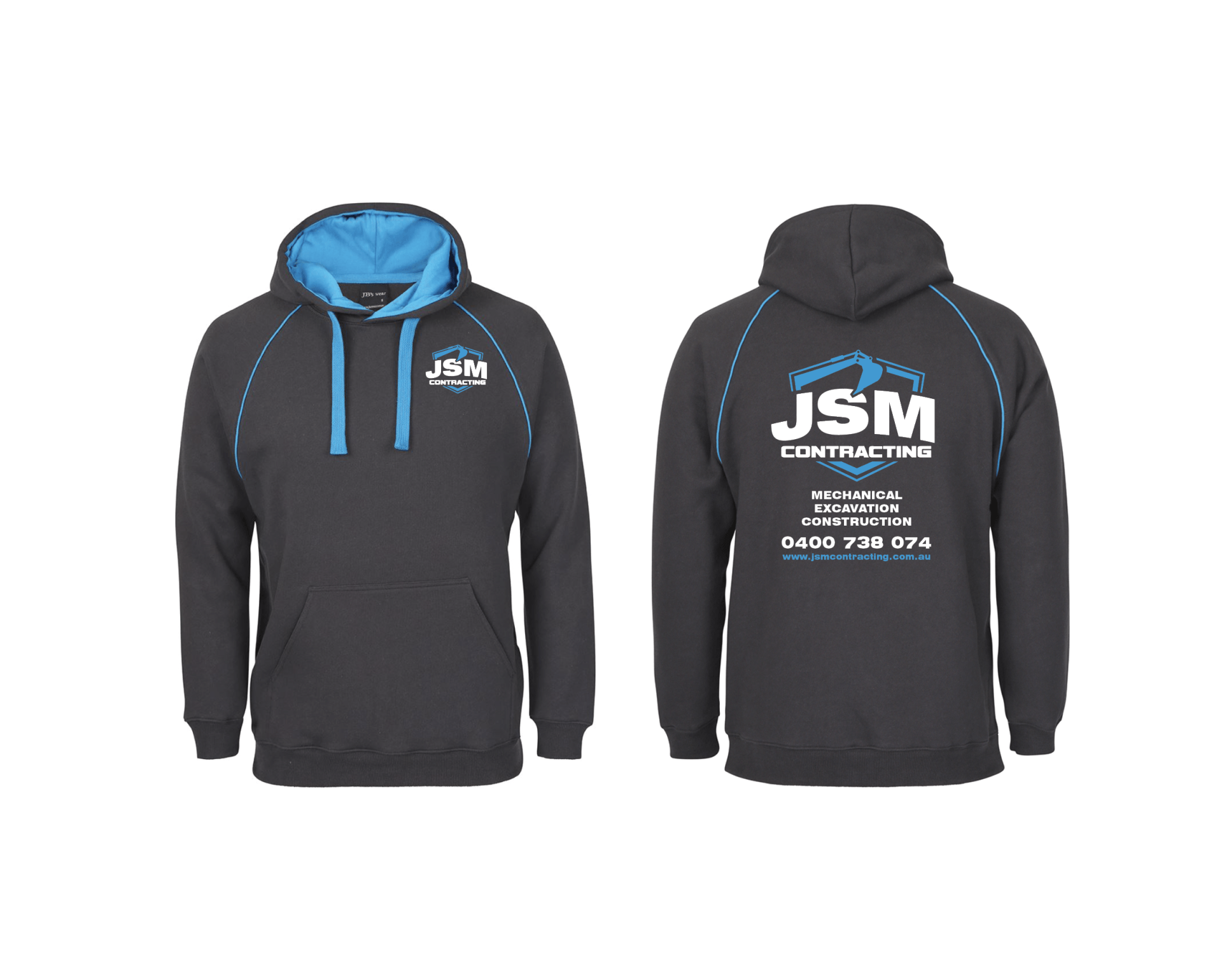 Dark grey hoodie with blue accents and company logo on front and back, JSM Contracting.