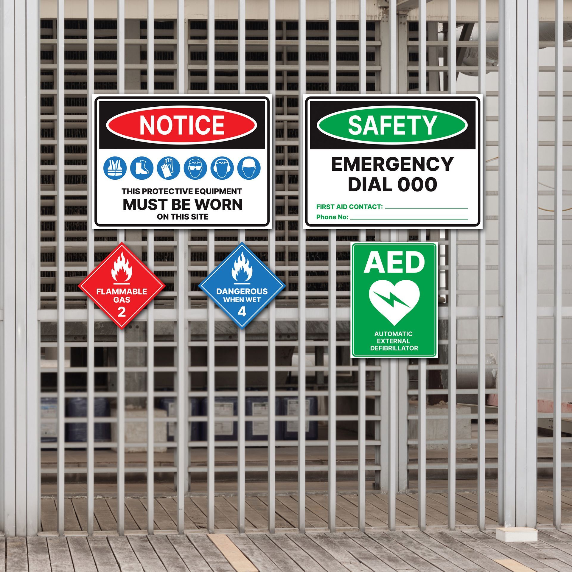 Safety and notice signs on a metal gate, including emergency dial 000 and AED.