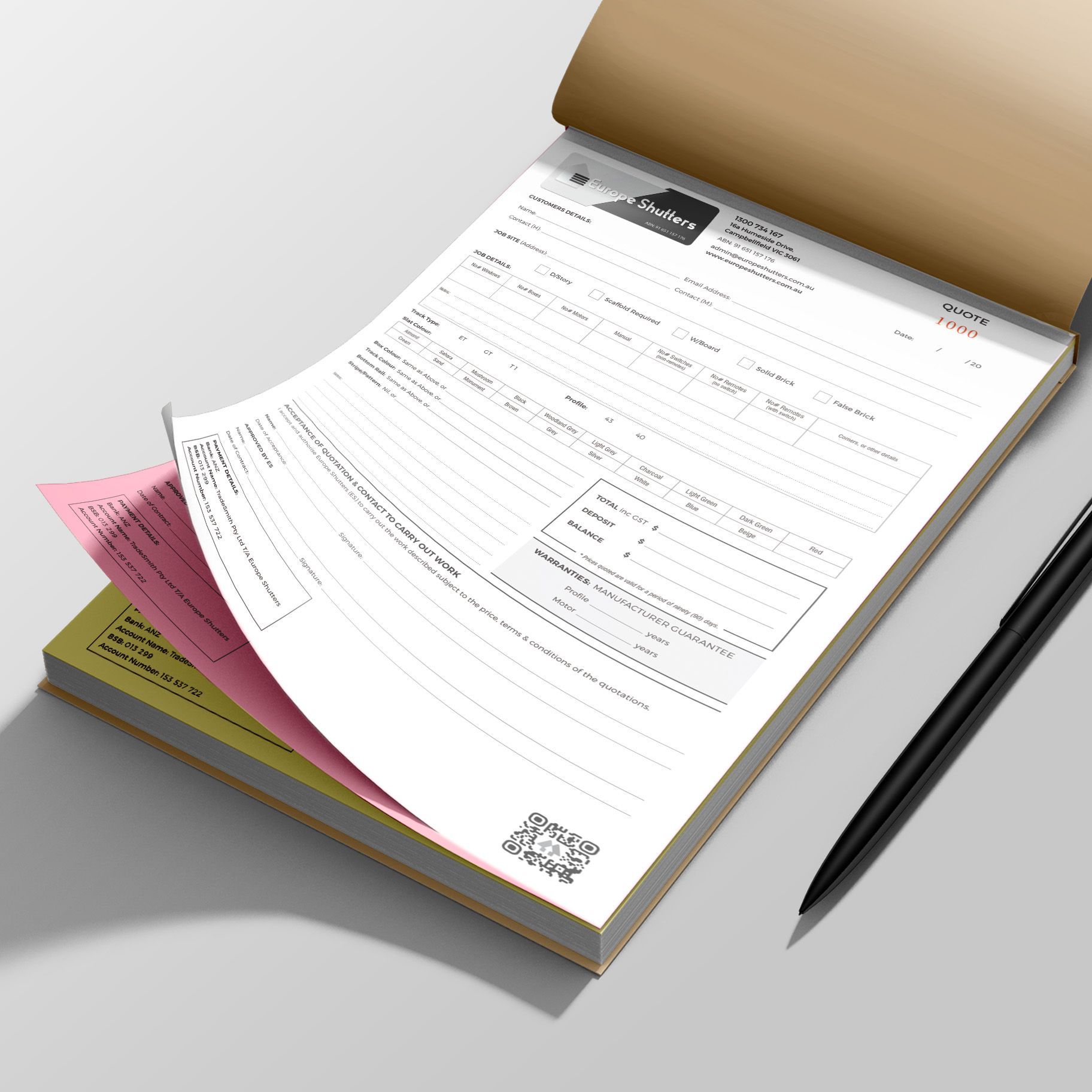 Open notebook with forms and a pen on a desk, showing pink and green tabs