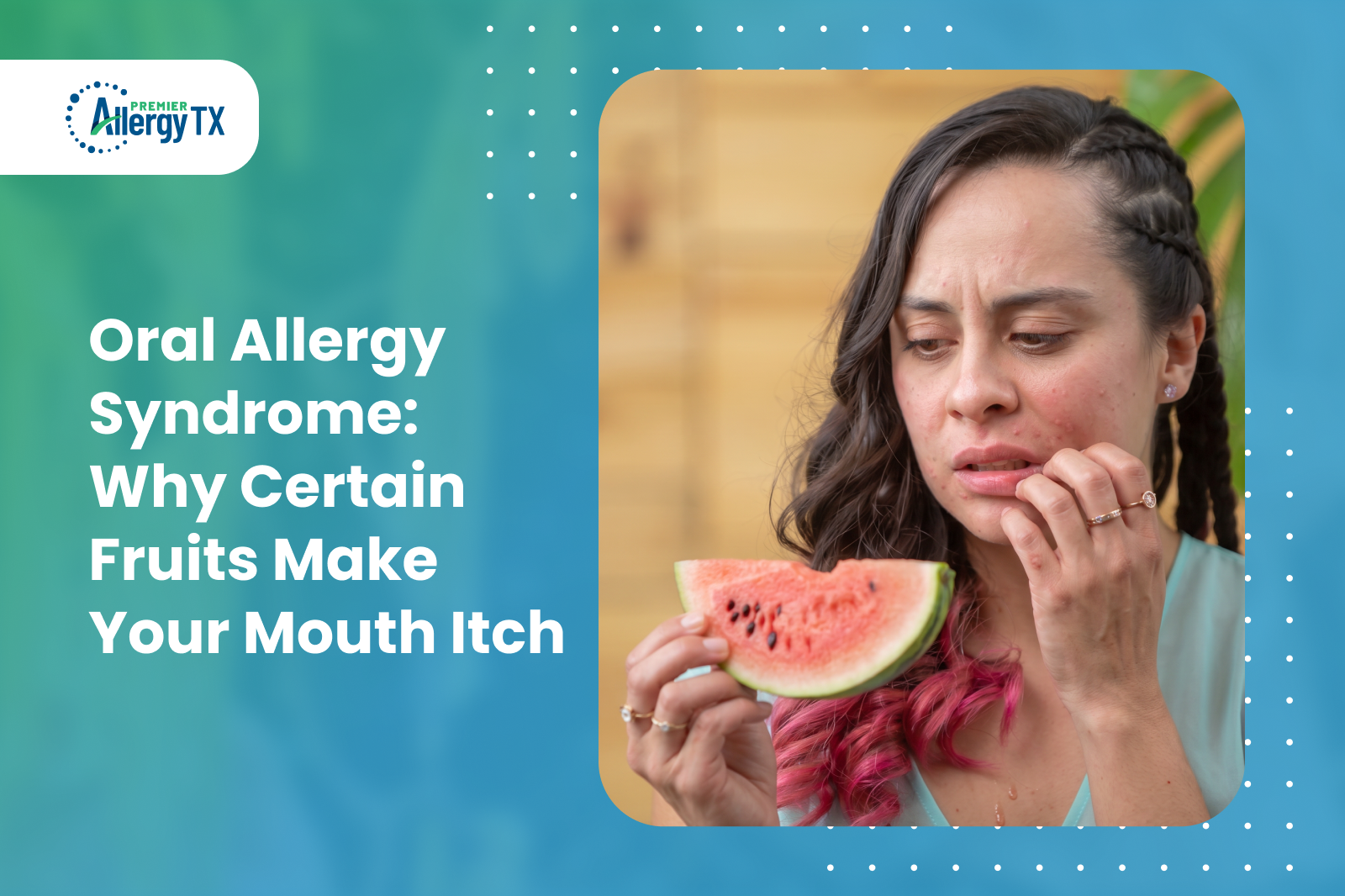 Person experiencing mouth itching symptoms of oral allergy syndrome after eating watermelon