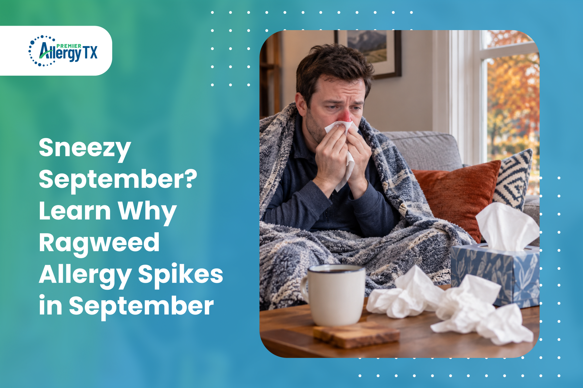  A man sat on a sofa, Rudolph red nose, among used tissue and a box on the coffee table. Fall weathe
