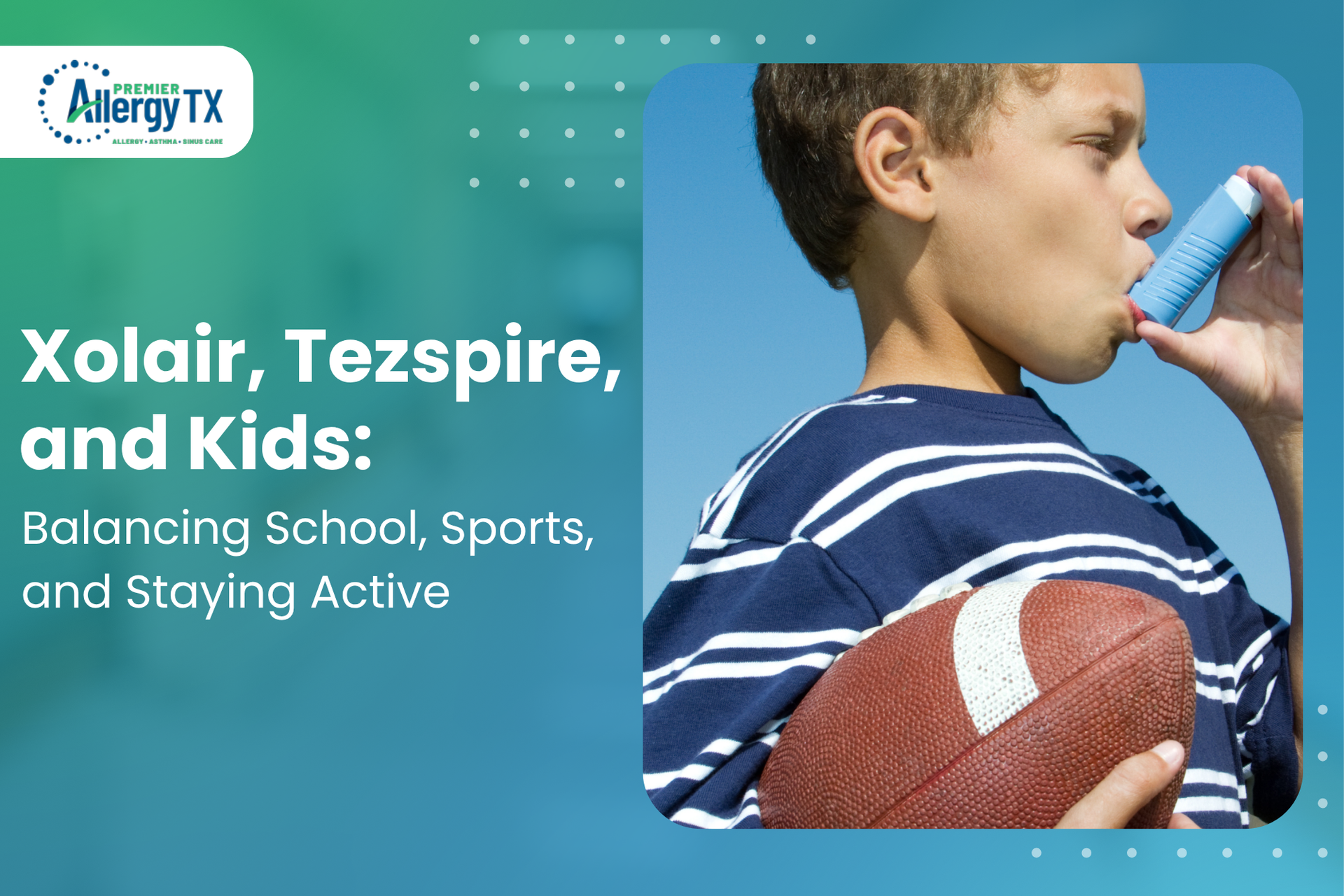 A boy uses an inhaler while playing, an example of asthma management in school-aged children.
