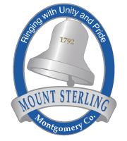 Mount Sterling, Montgomery Co. seal with a gray bell and blue ring reading “Bringing with Unity and Pride”