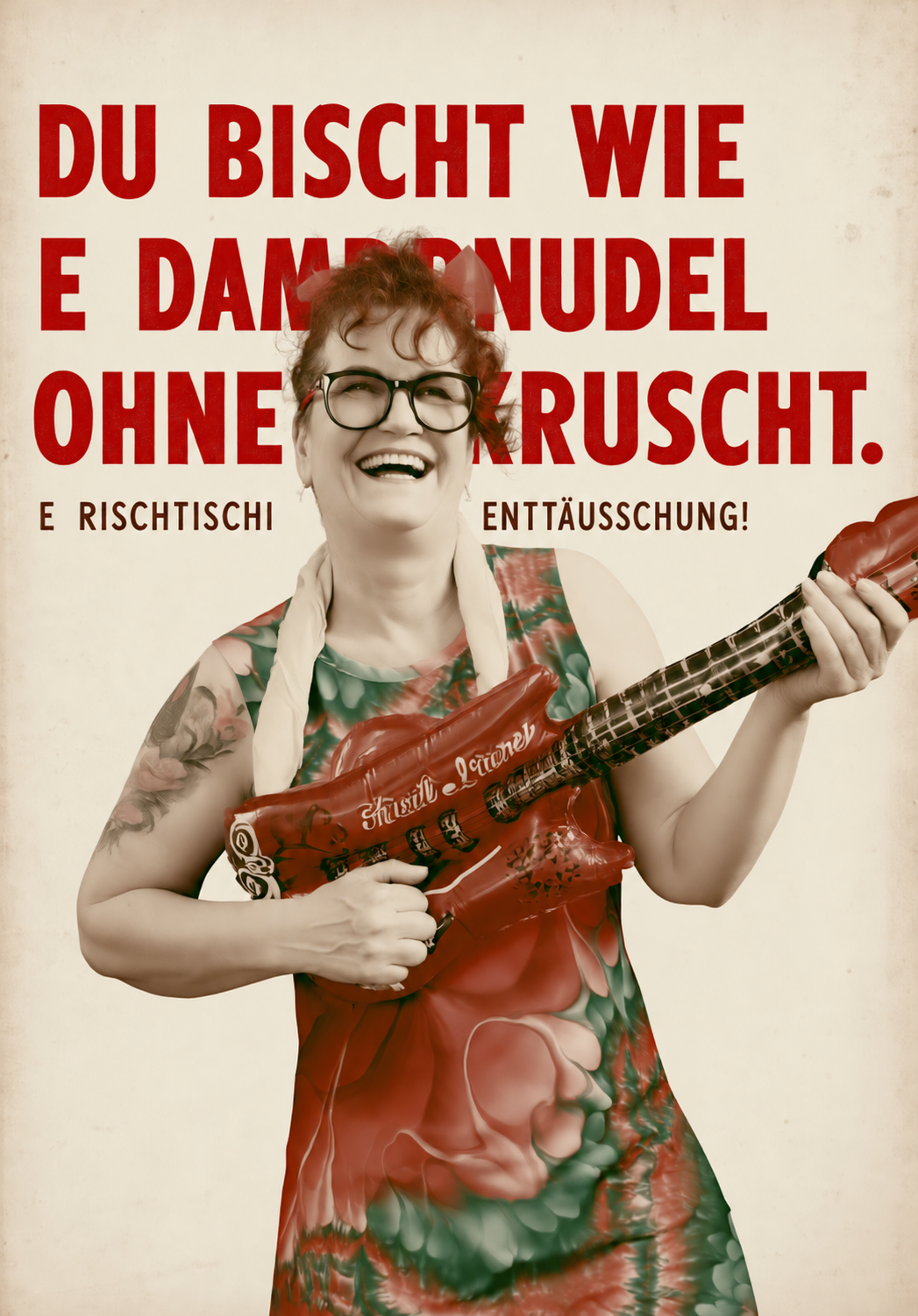 Cover zu Ohne Kruscht: fröhliche Frau mit roter Gitarre vor Plakatschrift