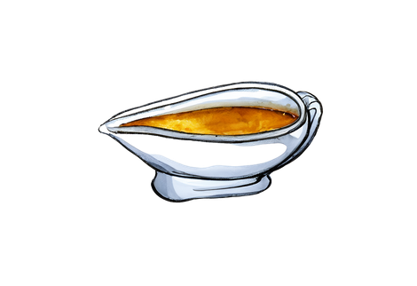 eine Schüssel mit Soße auf weißem Hintergrund .