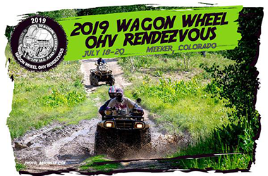 2019 Wagon Wheel OHV Rendezvous poster showing an ATV rider splashing through mud in Meeker, Colorado.