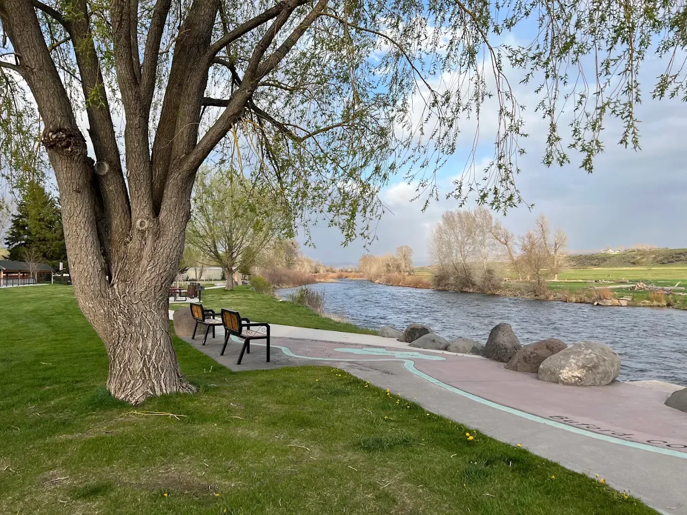 Park bench by a riverside path under a large tree, with grass, rocks, and cloudy sky.