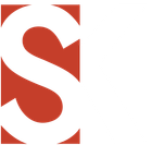 A white letter s in a red square on a white background