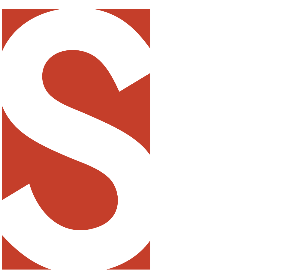 A white letter s in a red square on a white background