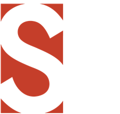 A white letter s in a red square on a white background