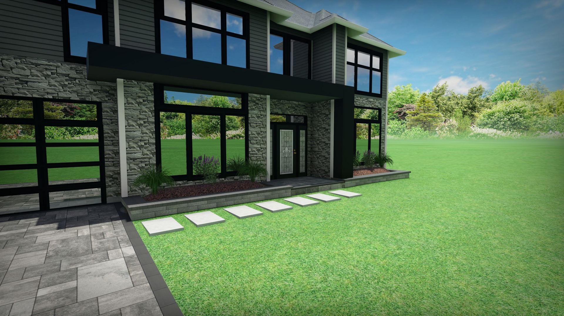 an artist 's impression of a house with a large lawn in front of it .