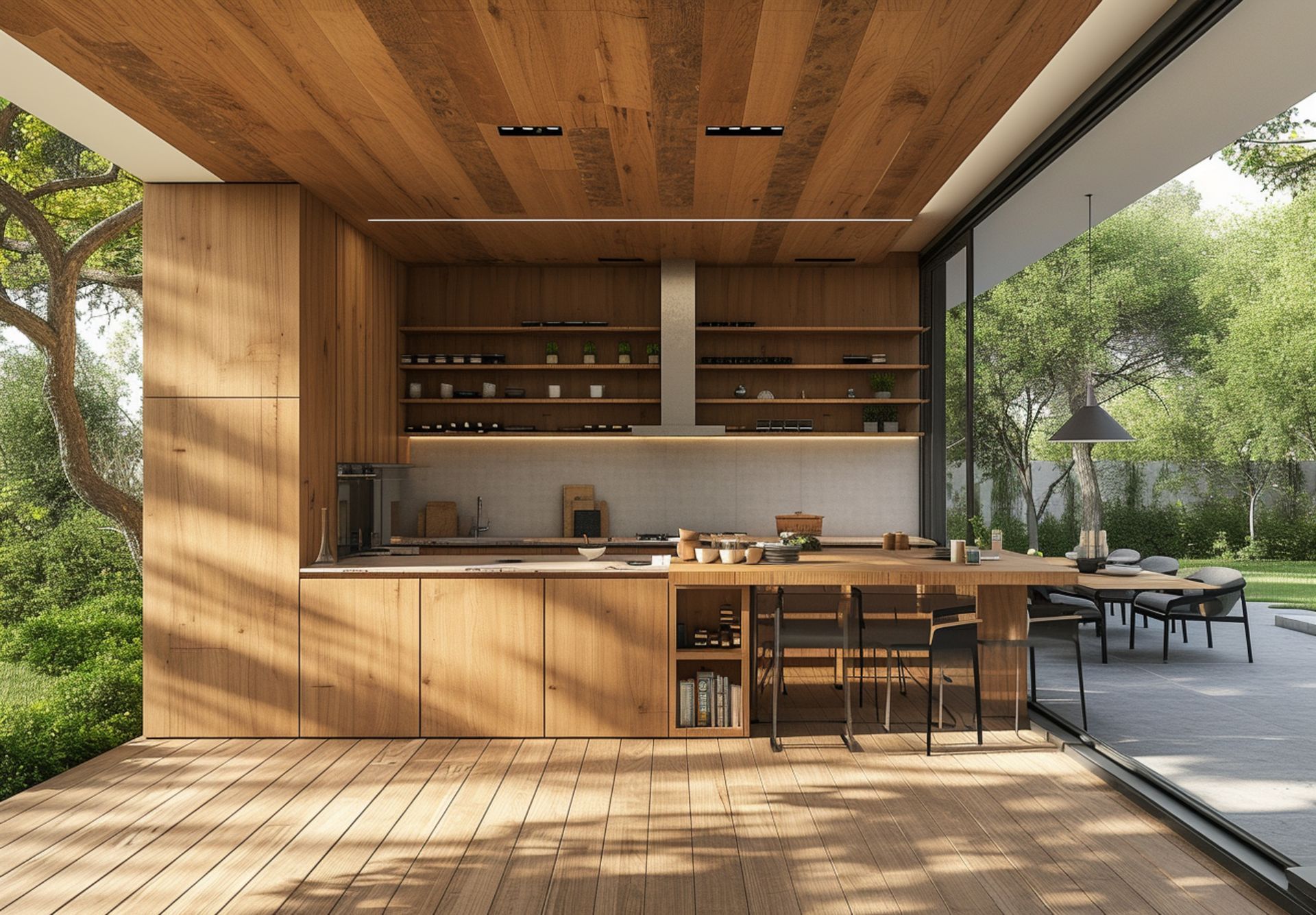 A kitchen with wooden cabinets and a sliding glass door leading to a patio.