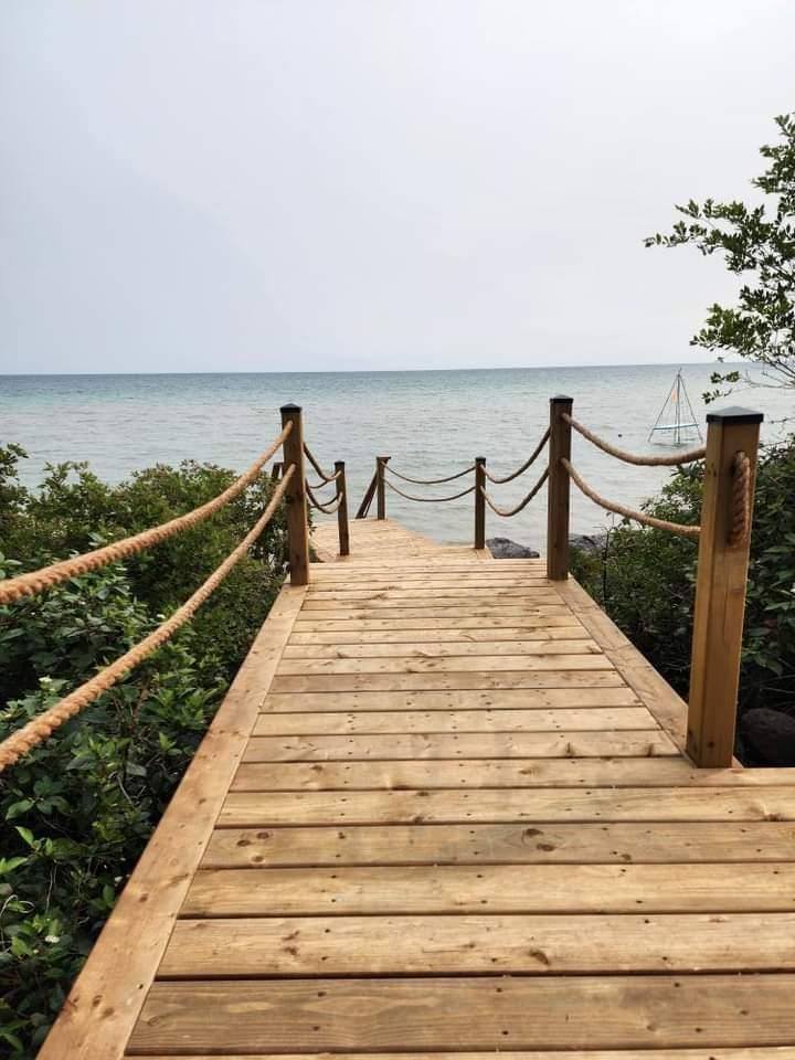 a wooden dock with ropes leading to the ocean .