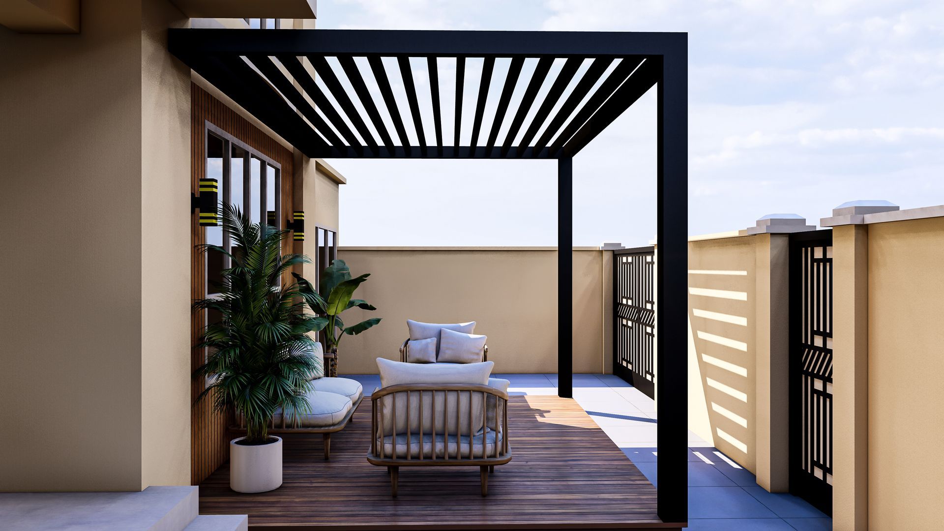 A 3d rendering of a patio with a pergola and furniture.