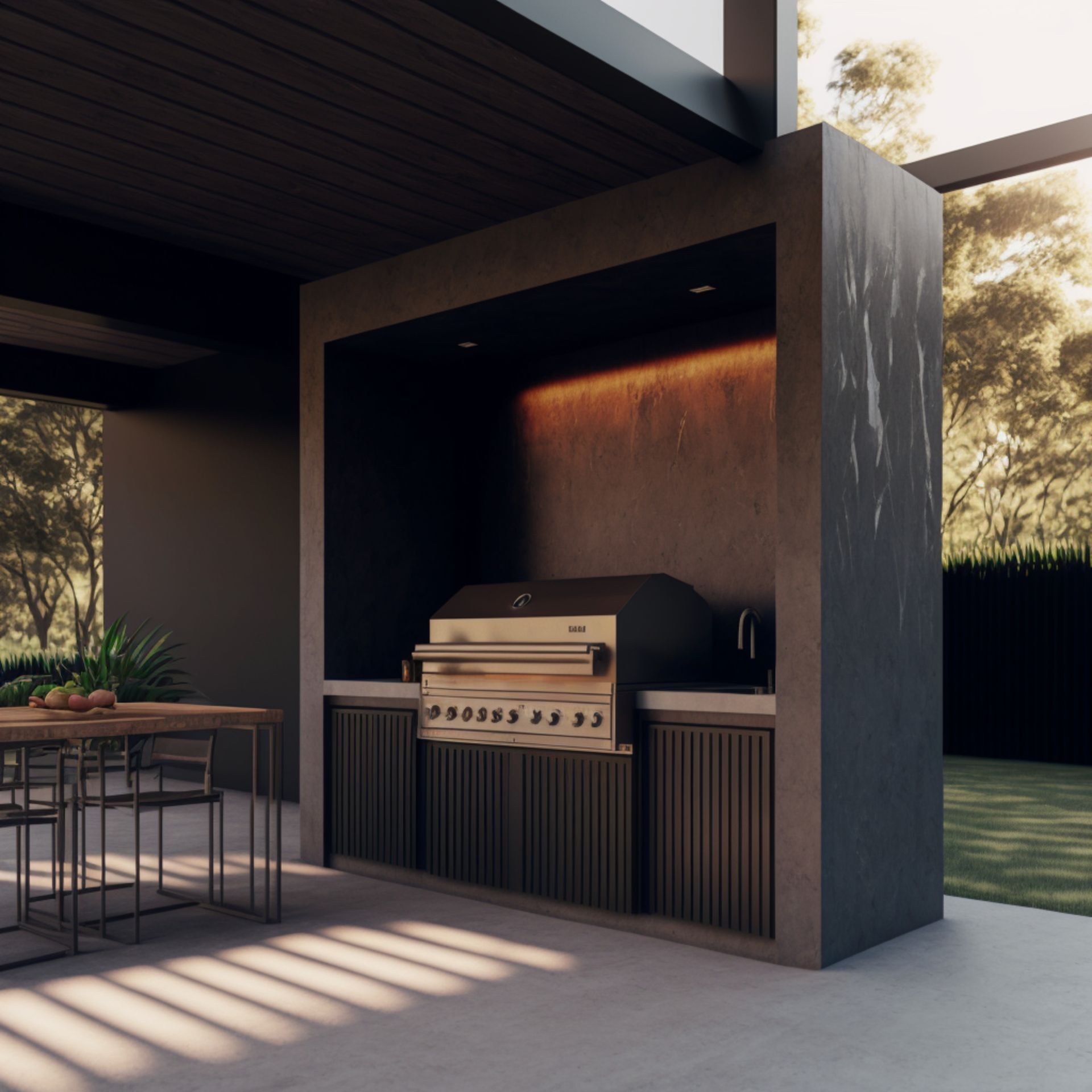 an outdoor kitchen with a grill and a table and chairs