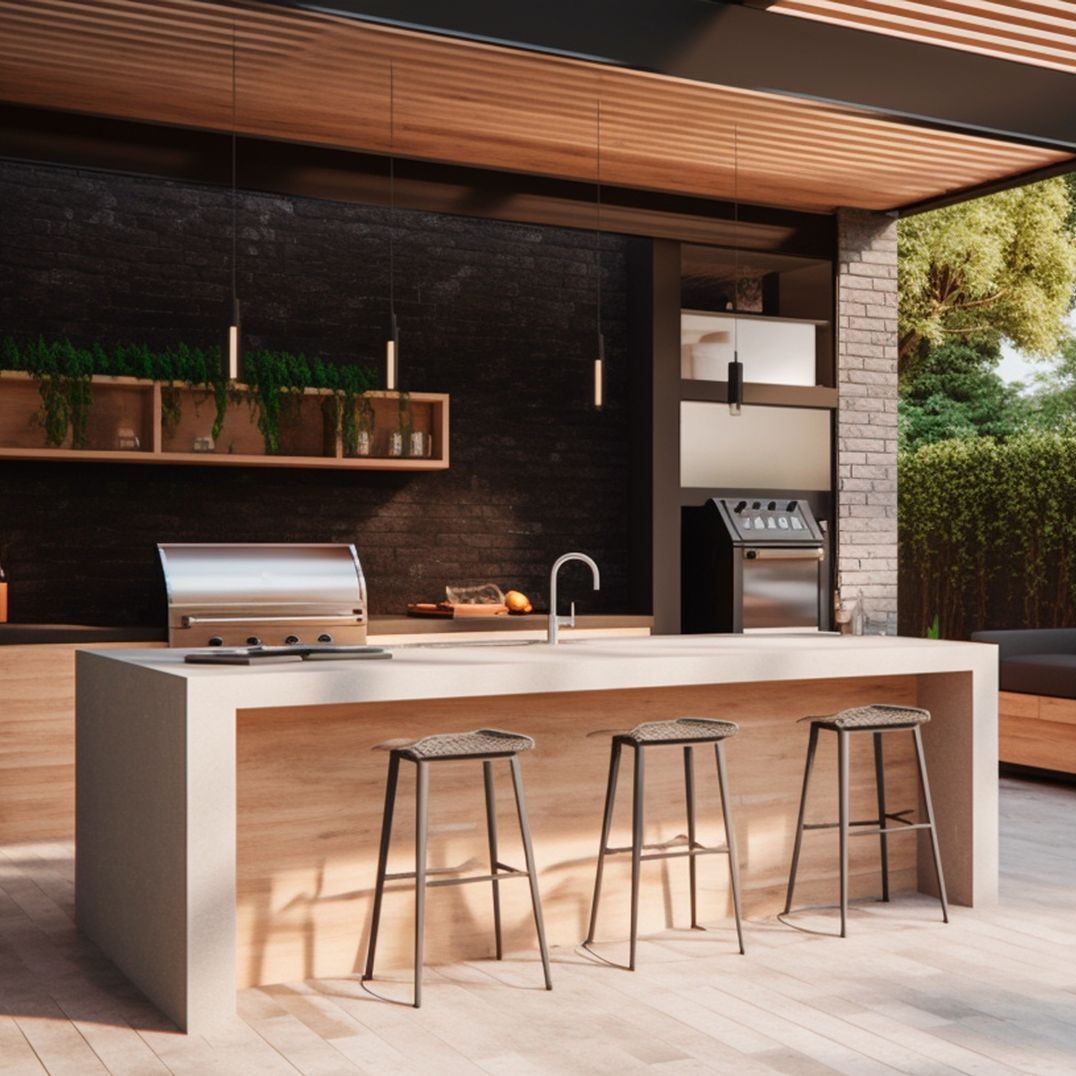 a kitchen with a large island and stools under a pergola