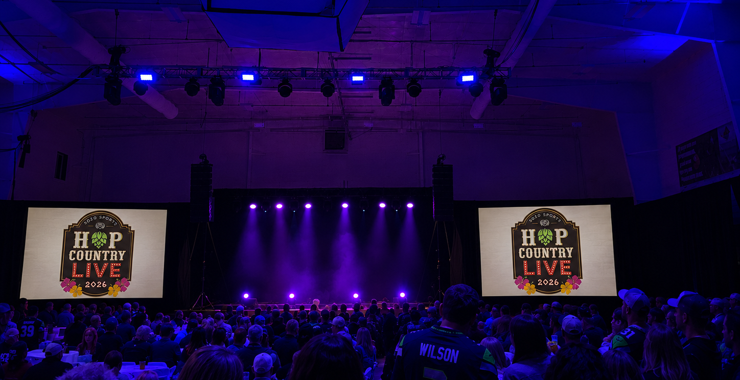 Purple-lit concert stage with large screens and a seated audience in the foreground