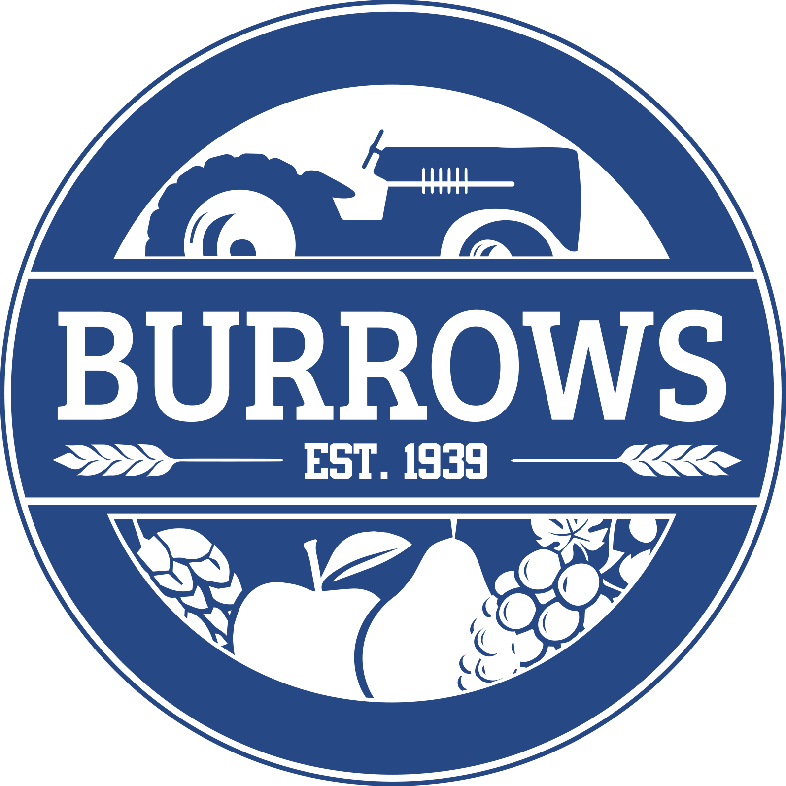 A blue and white logo for burrows est . 1939
