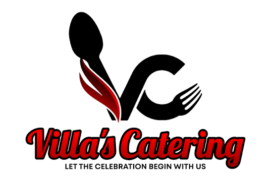 Villa’s Catering logo with a spoon and fork forming a chef’s hat, red and black text, “Let the celebration begin with us”