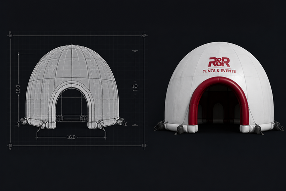 Dome tent design sketch and white inflatable tent with red entrance on a dark background