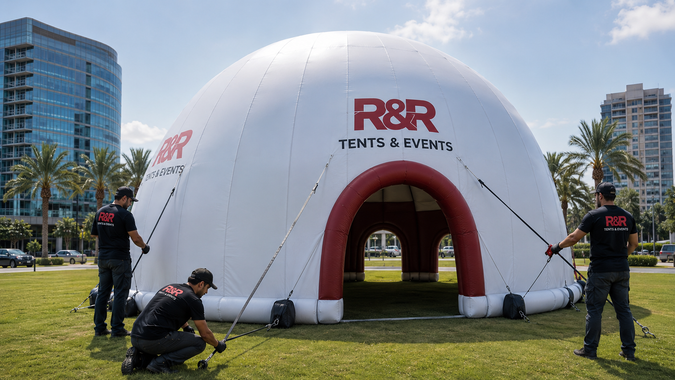 White inflatable R&R Tents & Events dome on a grassy field with people setting it up