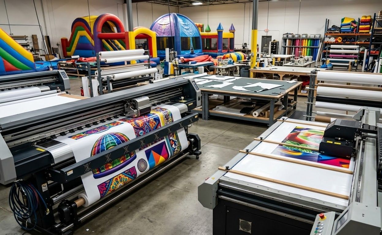 Wide-format print shop with large printers producing colorful banners and graphics