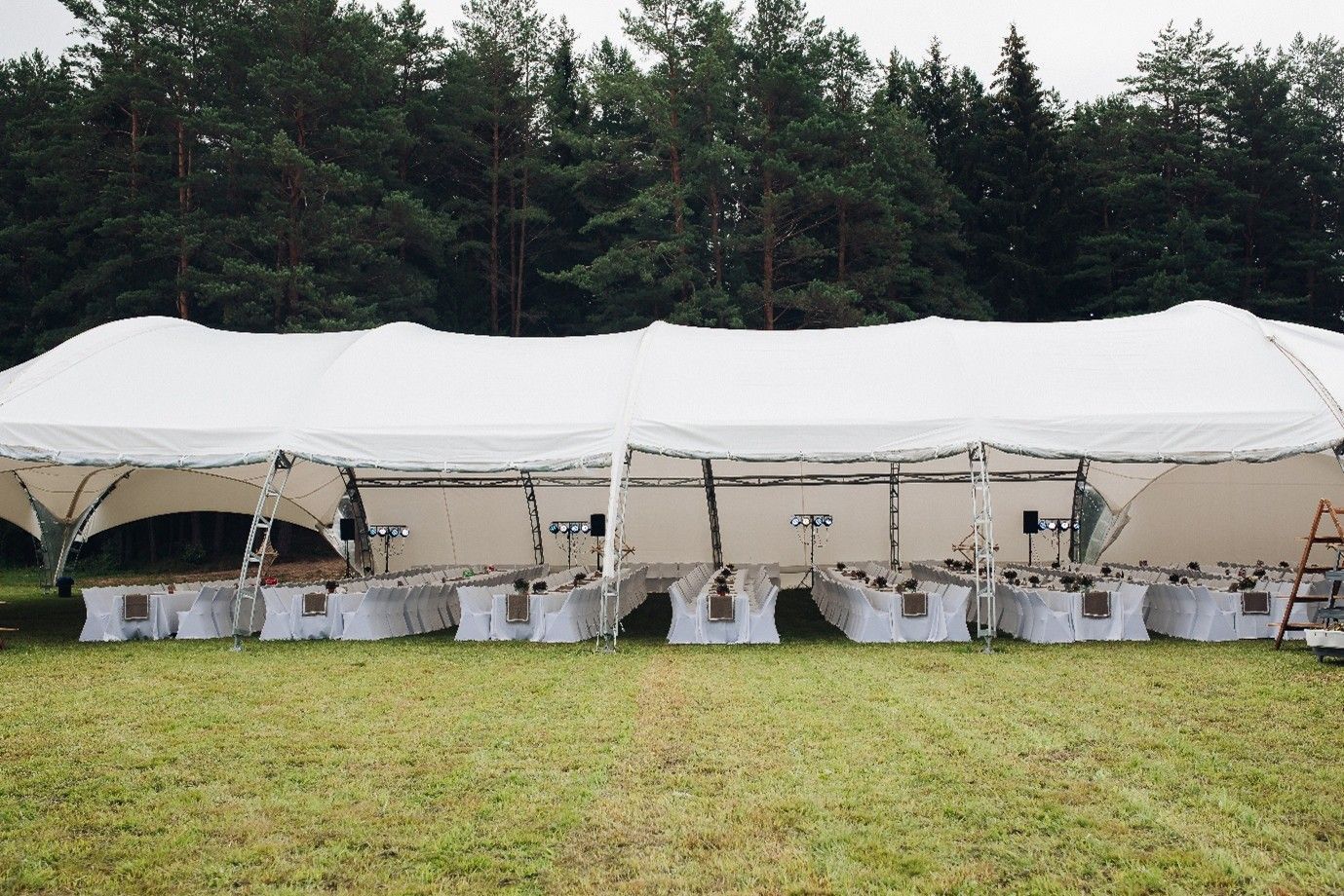 White tent pavilion on a grassy field with tables underneath, backed by trees