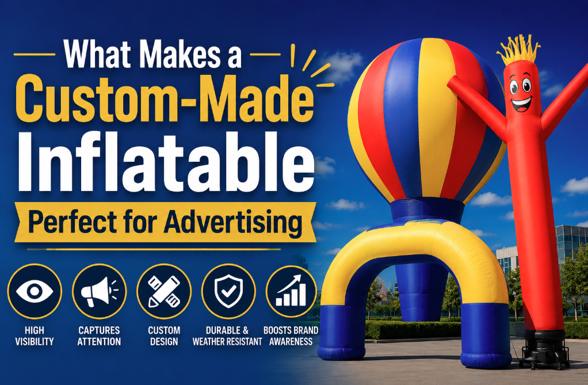 Custom-made advertising inflatables with red and yellow balloon arch and dancing tube man on a blue background