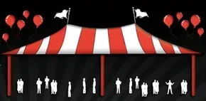 Red-and-white striped tent with silhouetted people and red balloons on a black background