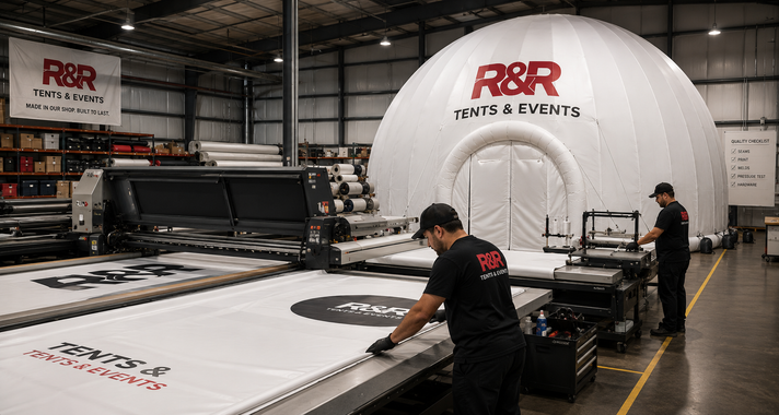 Workers operating a large-format printer beside a white R&R tents and events inflatable in a warehouse