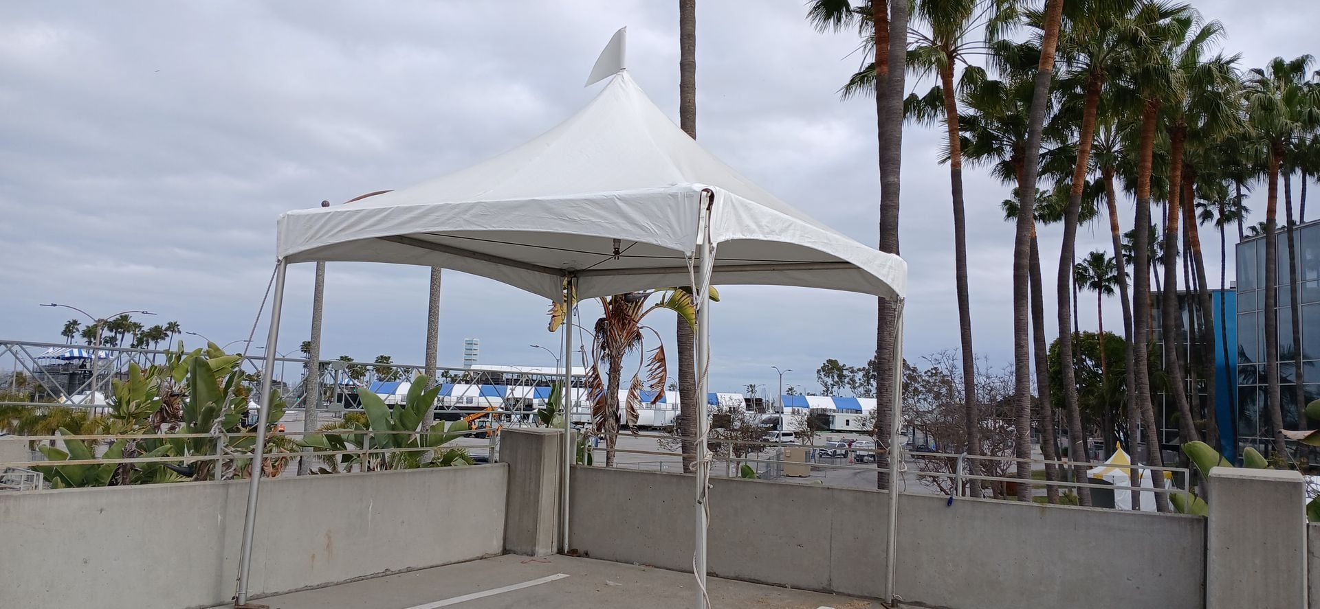 White canopy tent on a promenade with palm trees and the beach in the background