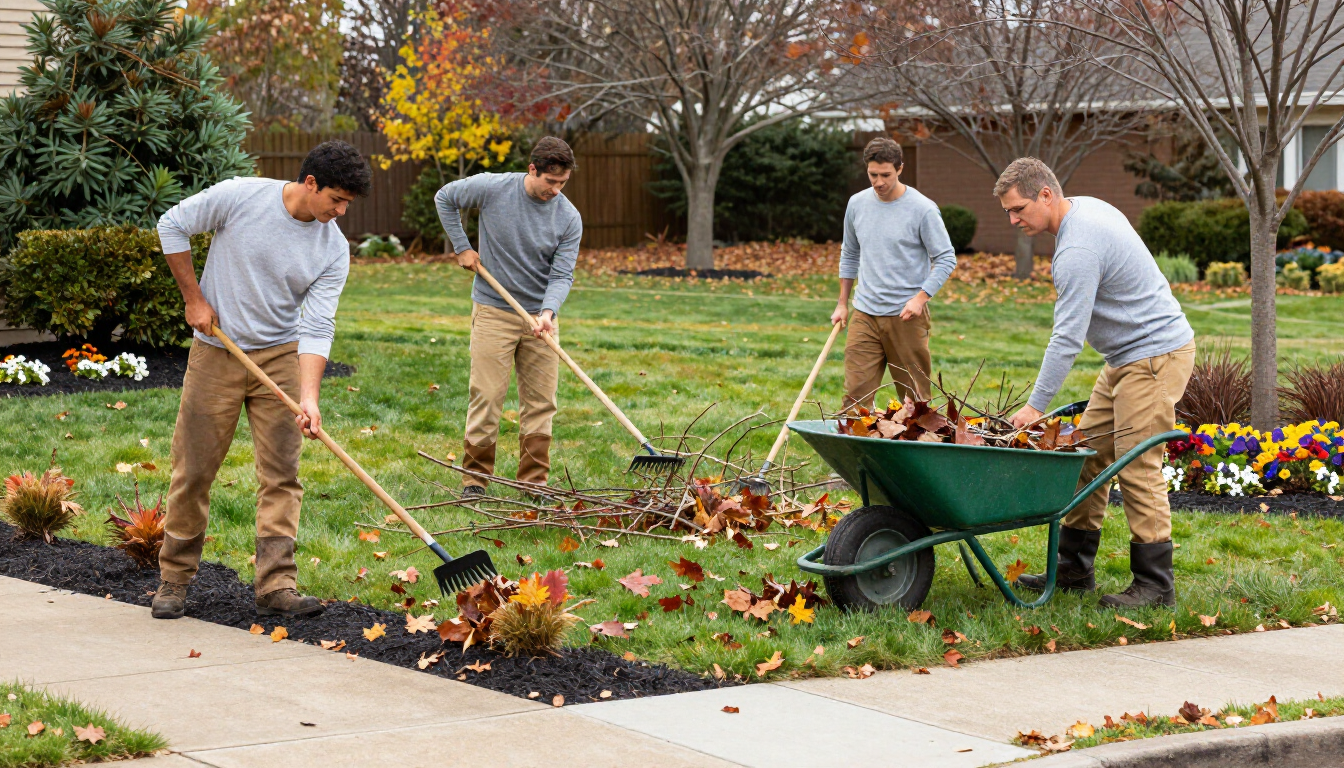 Seasonal yard cleanup with crews removing debris