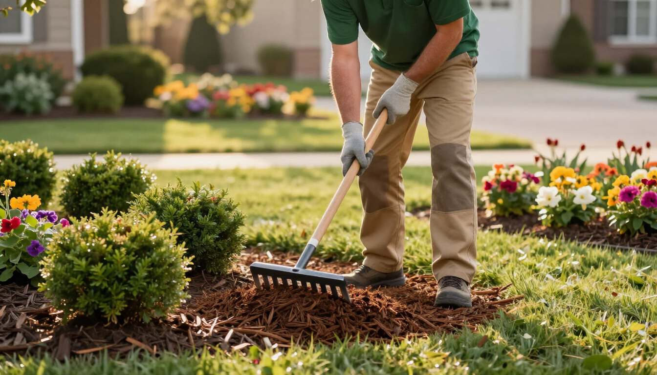 Fresh mulch and fertilizing work around landscape beds
