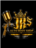 Black and gold auto body shop logo with a wrench, piston and shield emblem